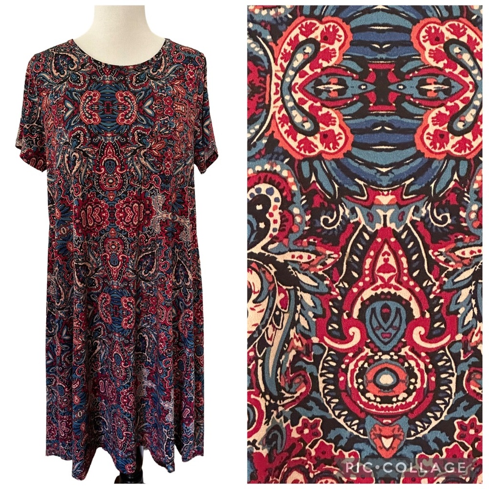 LuLaRoe Red and Blue Paisley SLINKY Carly Dress Sz M